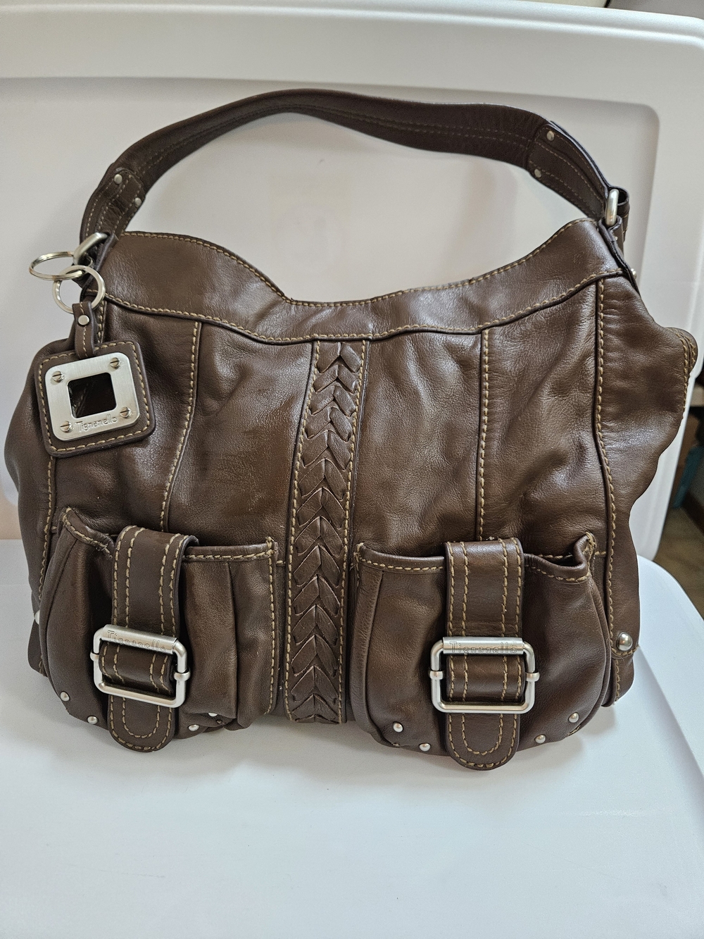 Vintage Y2k Tignanello Dark Brown Leather Shoulder Hobo W/ Braided Detail